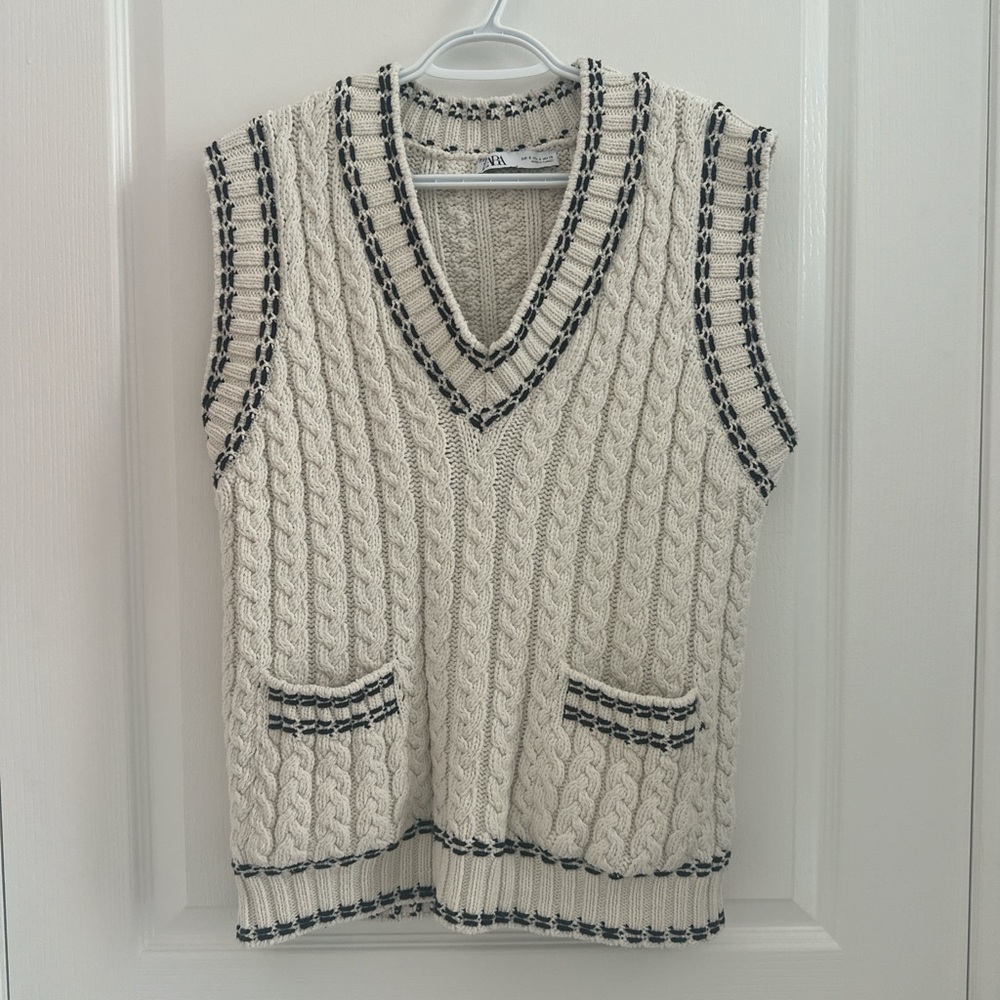 Zara Cream and Black Cable Knit V-Neck Sweater Vest